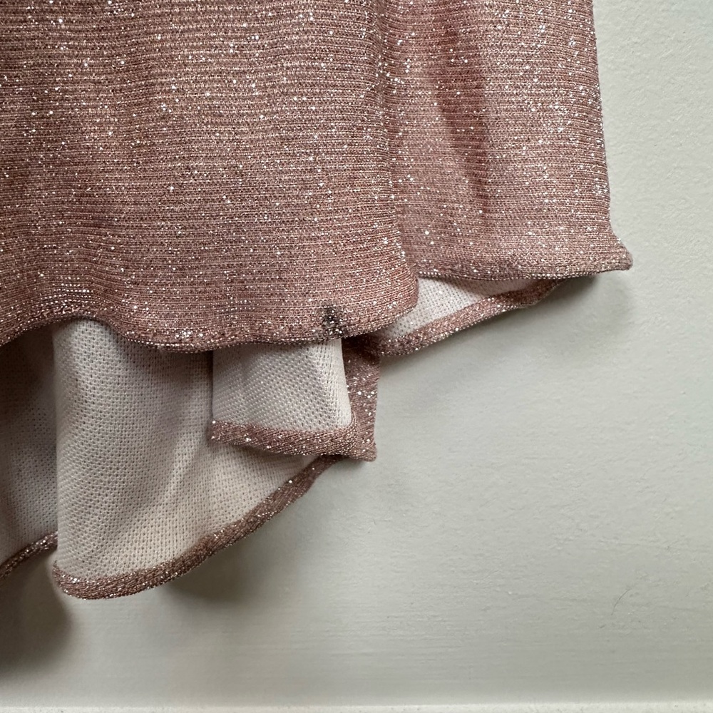 XSCAPE EVENINGS Blush / Silver Ruffle Off the Shoulder Foil Knit Trumpet Gown - Picture 10 of 11